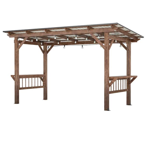 13 ft. x 6.5 ft. Wooden Pergola, Grill Gazebo with Metal Roof & Bulbs & Bar Counters for Backyard, Garden