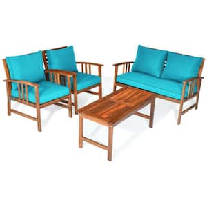 4-Piece Acacia Wood Patio Conversation Set Outdoor Sofa Chair Set with Turquoise Cushions