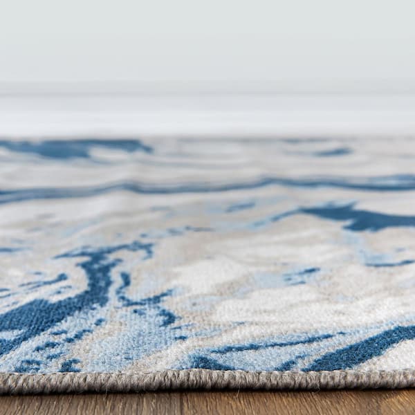 Contemporary Watercolor Blue 5 ft. x 7 ft. Wave Abstract Non Slip Area Rug