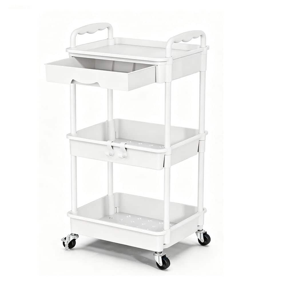 3-Tier White Rolling Cart with Drawer, Bathroom Storage Organizer with 2 Lockable Wheels, Rolling Utility Cart price history on PriceWatchPro