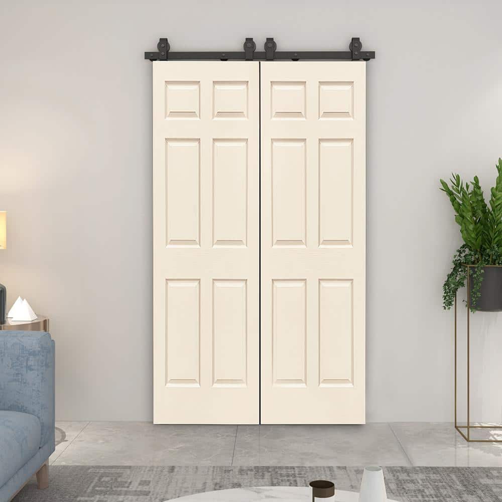 60-in x 84-in Beige MDF Double Bifold Barn Door with Black Hardware