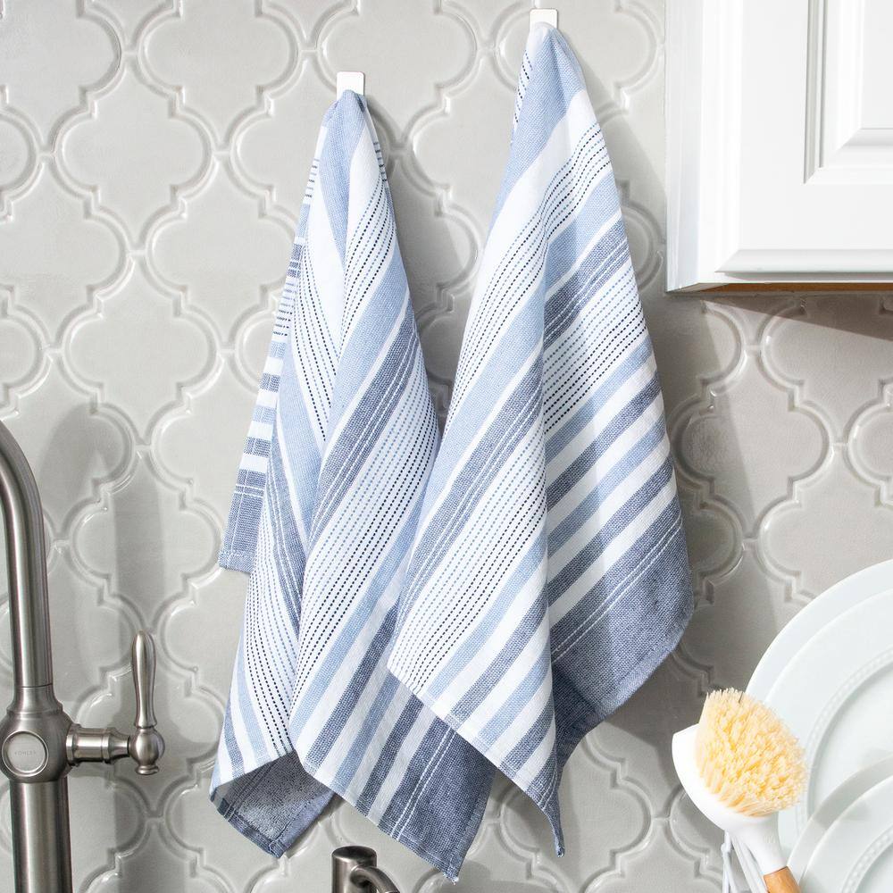 Navy Striped Dual-Sided Cotton Terry Kitchen Towel Set, 2 Piece