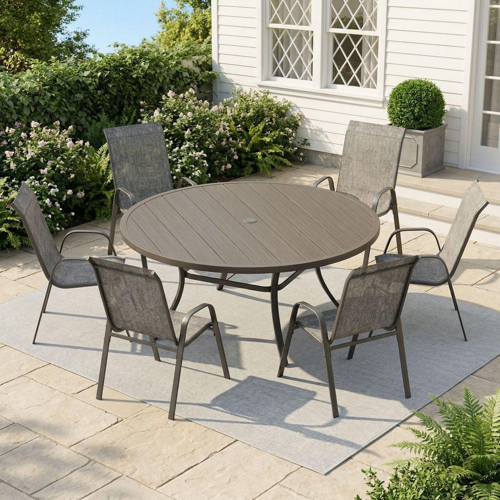 7-Piece Metal Outdoor Dining Set with 50 in. Gray Wood-Like Round Patio Table and 6-Gray Stackable Textilene Chairs price history on PriceWatchPro