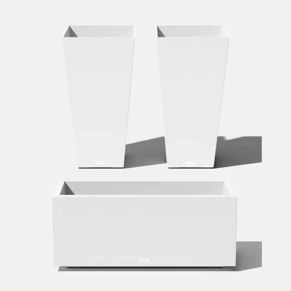 Modern White Tapered (15.25 in. W x 30 in. H) and Rectangular (38 in. W x 16.25 in. H) Outdoor Planter Set (3-Pack)