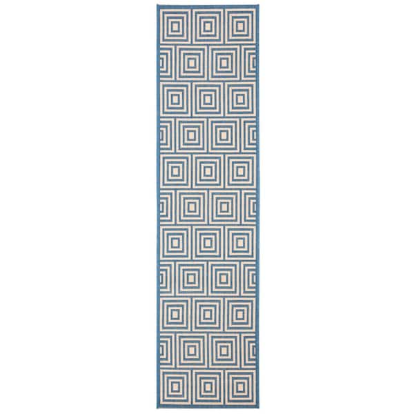 Linden Cream/Blue 2 ft. x 8 ft. Border Geometric Squares Indoor/Outdoor Runner Rug
