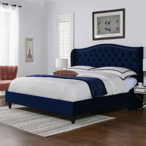 Jennifer Taylor Coverley Navy Blue Velvet King Tufted Shelter Platform Bed Set