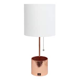18.5 in. Rose Gold Hammered Metal Organizer Table Lamp with USB Charging Port and Fabric Shade