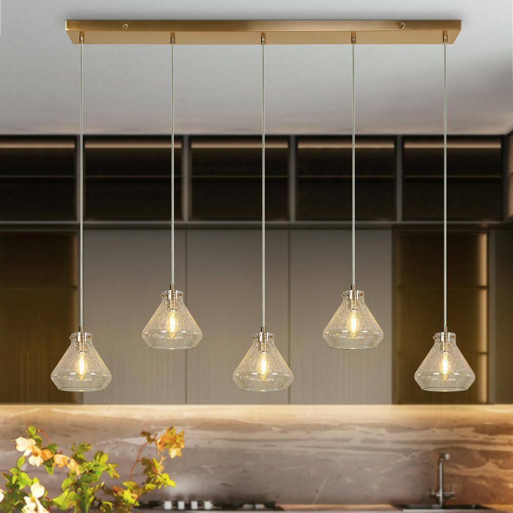 Transitional 45.8 in. 5-Light Antique Brass Island Pendant Light with Crackle Glass Shade, Linear Chandelier for Kitchen price history on PriceWatchPro