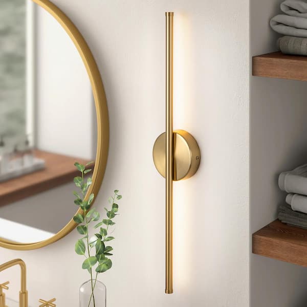 Byers 23.6 in. 1-Light Gold Modern Linear 3000K Warm Light LED Bathroom Vanity Light Wall Sconce with Round Backplate