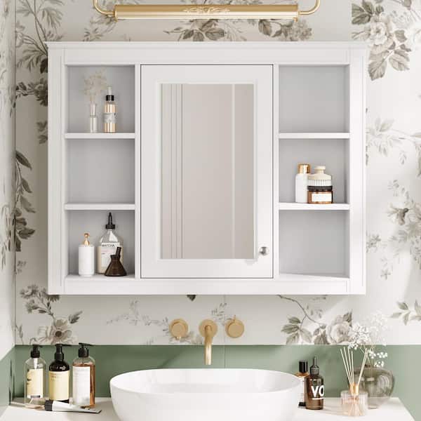 35.03 in. W x 27.5 in. H Rectangular MDF Medicine Cabinet with Mirror and Open Shelf in White