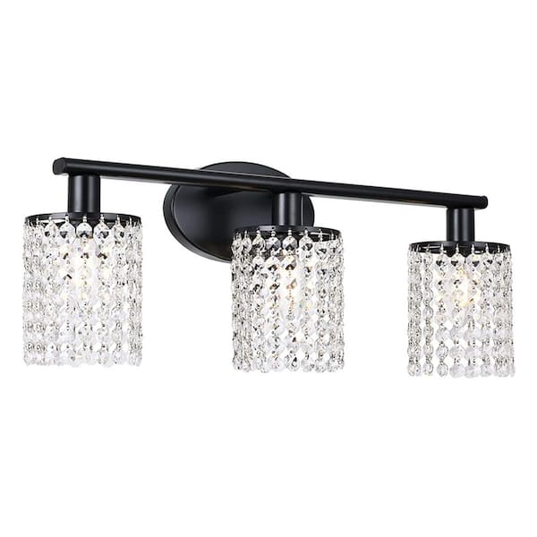 Emeritpro 21 in. 3-Light Modern Black Vanity Light Crystal Wall Sconce Perfect for Vanity Powder Room Dressing Room