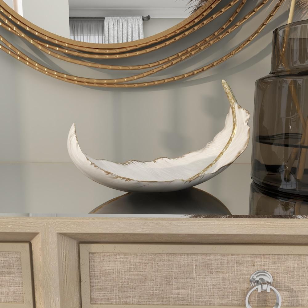 Elegant Oval White and Gold Polystone Feather Decorative Bowl