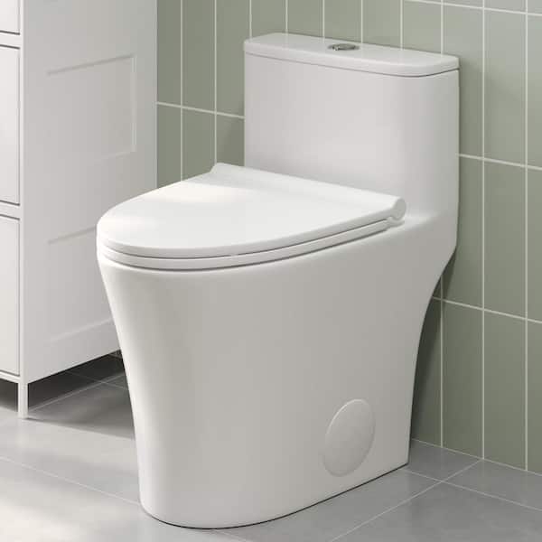 1- Piece 1/1.28 GPF Dual Flush Elongated Toilet in White Comfortable Height 12 in. Rough-In, Soft Close Seat Included