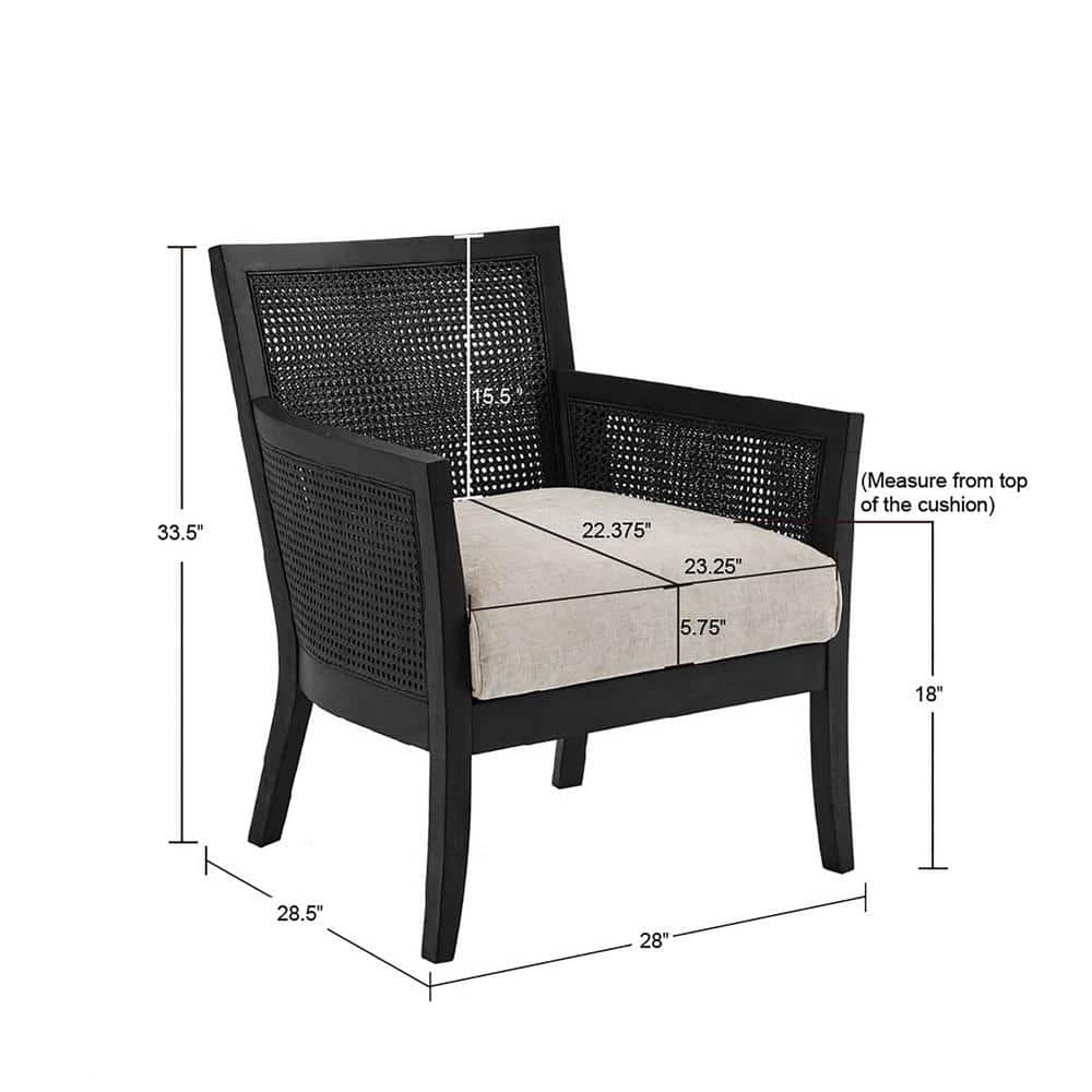 Black Cane and Beige Upholstered Accent Chair with Dark Wood Frame
