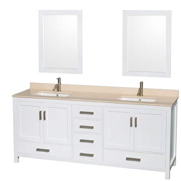 Wyndham Collection Sheffield 80 in. Double Vanity in White with Marble Vanity Top in Ivory and 24 in. Mirrors