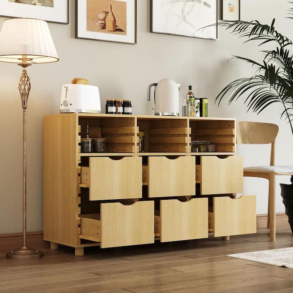 Light Oak 31.5 in. Accent Cabinet Office Storage Cabinet with 3-Shelves and 6-Adjustable Drawers