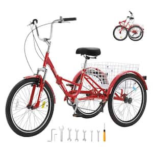 Folding Adult Tricycle 26 in. 7-Speed Adult Folding Trikes Carbon Steel 3 Wheel Cruiser Bike, Red