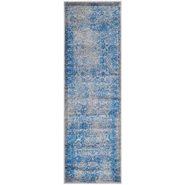 Adirondack Gray/Blue 3 ft. x 12 ft. Border Distressed Runner Rug