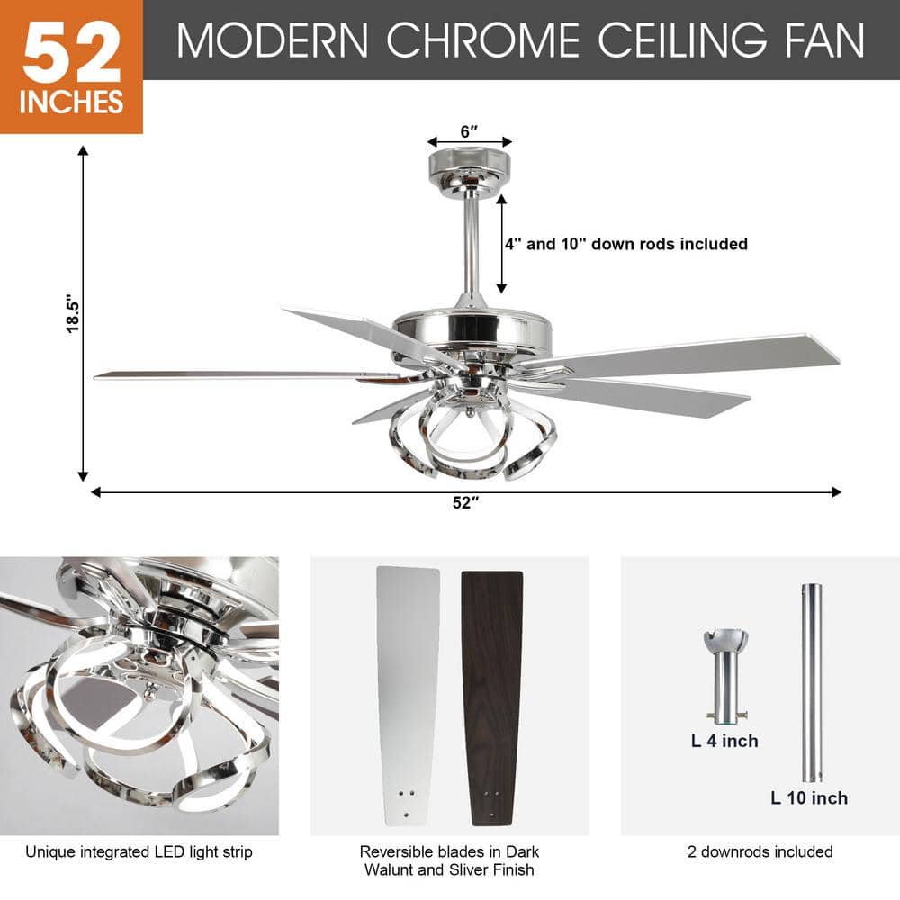 52'' Chrome Ceiling Fan with LED Light and Remote