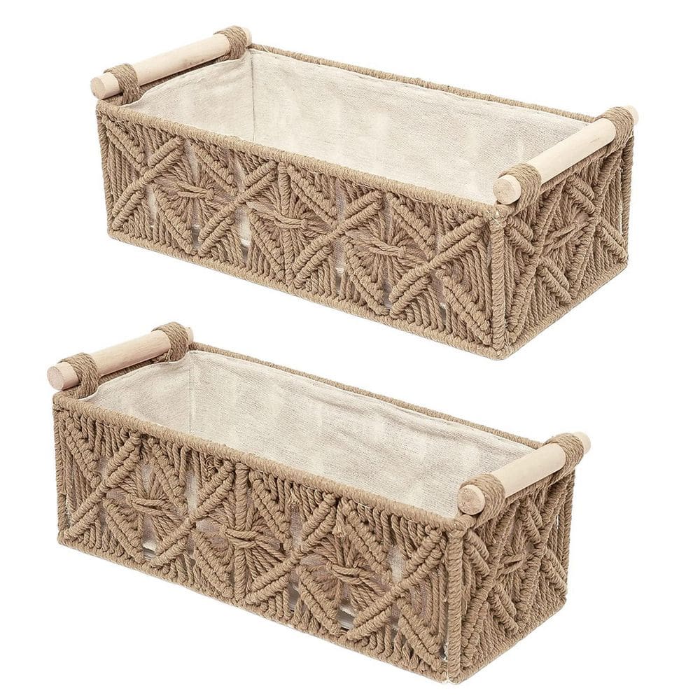 2-Piece Beige Handwoven Macrame Storage Bath Accessory Set, Boho Storage Baskets Set in Cotton with Wooden Handle price history on PriceWatchPro