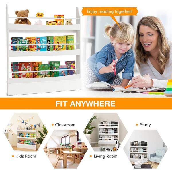 Gymax 3-Tier Kids Bookshelf Toy Storage Bookcase Rack Wall w/ - White