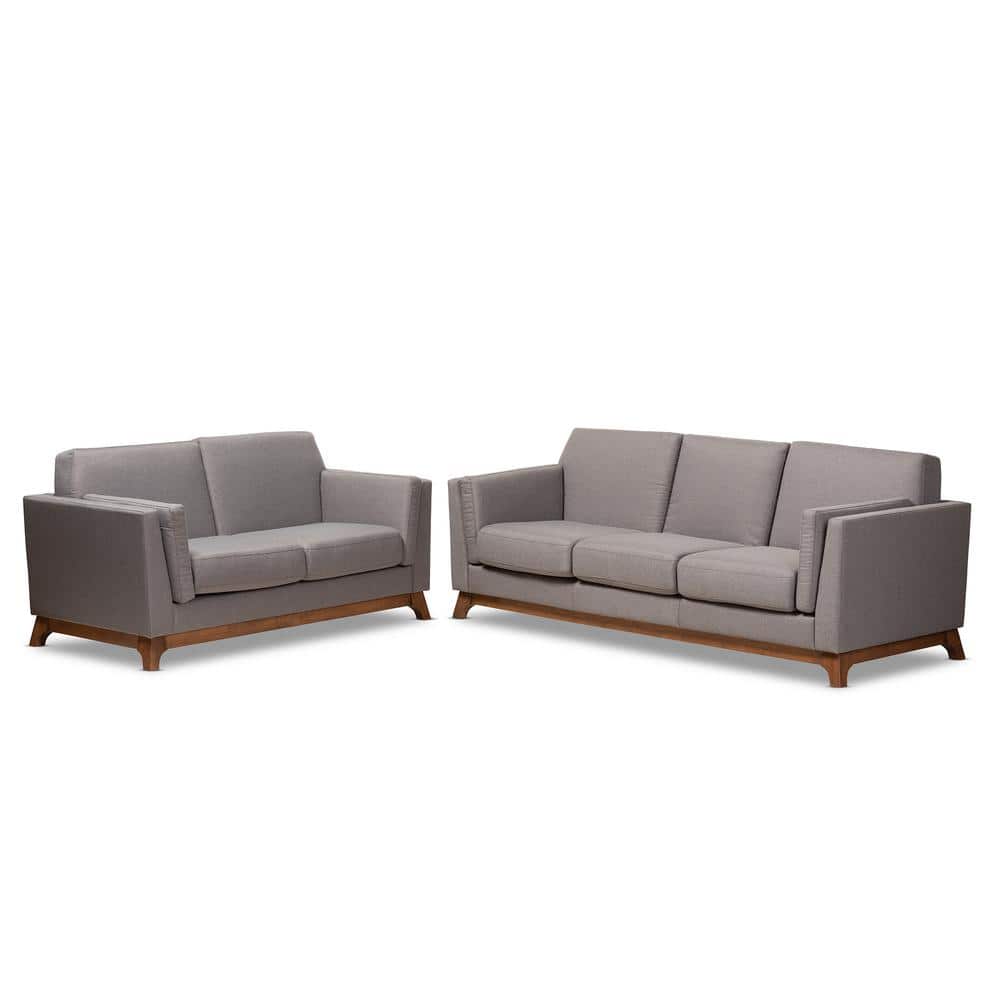 Sava Mid-Century Modern Grey Fabric Walnut Wood 2-Piece Sofa Set