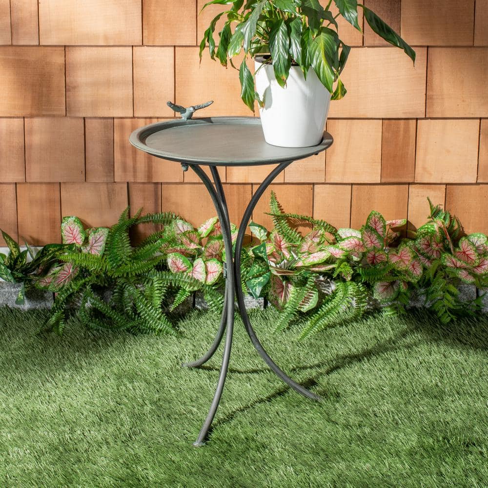 Antique Gray Metal Birdbath with Sculptural Bird Ornament