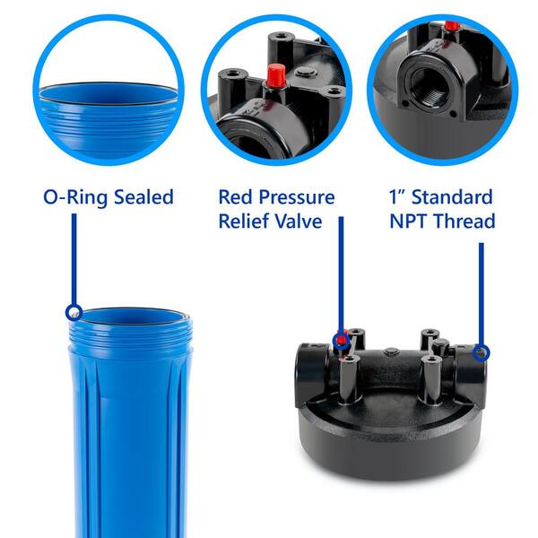 Whole House Water Filtration System Transparent Big Blue Housing Pressure Relief Button 1 Inlet/Outlet Brass Ports 20 Meets NSF Standards & Regulations 5 Mic Activated Carbon Block Cartridge