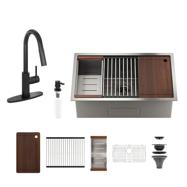 32 in. Undermount Single Bowl 18-Gauge Brushed Stainless Steel Kitchen Sink with Matte Black Faucet and Accessories Kits