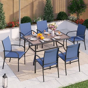 Black 7-Piece Metal Outdoor Patio Dining Set with Wood-Look Umbrella Table and Blue Textilene Chairs