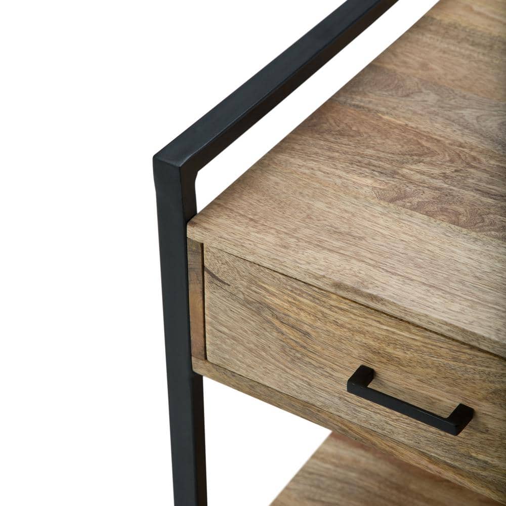 Riverside Black Metal and Natural Wood 20" Industrial Side Table with Storage