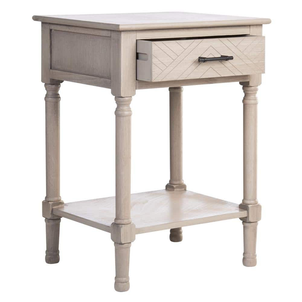 Greige Pine Wood Rectangular Storage End Table with Drawer