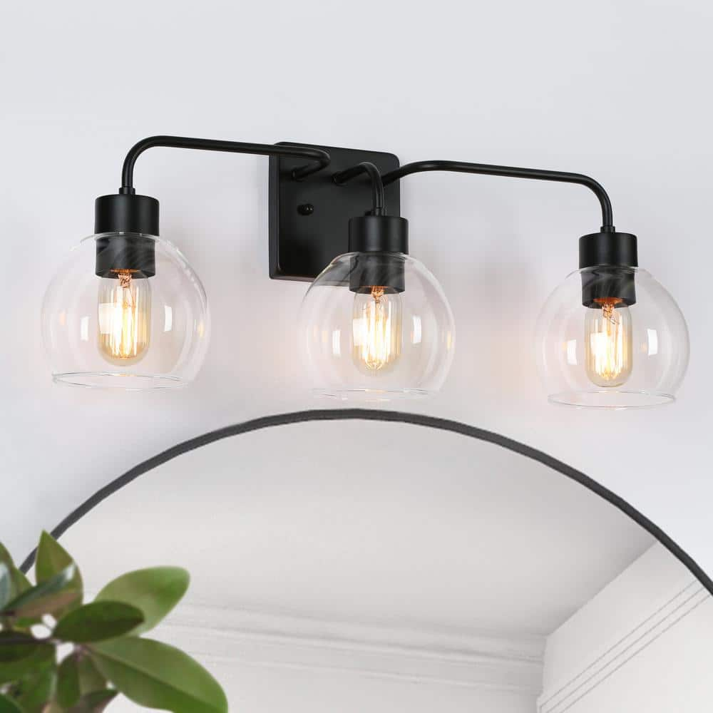 Zevni 24.5 in. 3-Light Matte Black Bathroom Vanity Light Industrial and Modern Bath Lighting Clear Globe Shades Wall Sconce