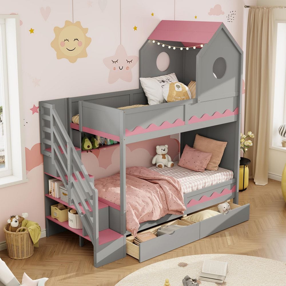Harper & Bright Designs Gray Twin Over Twin House Bunk Bed with Drawers ...