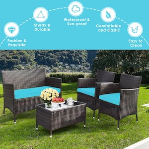 4 Pieces Patio Wicker Rattan Conversation Furniture Set Outdoor w/Brown & Turquoise Cushion