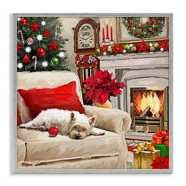 Stupell Industries Cozy Dog by Holiday Mantle by Adam Sanderson 1 Piece Framed Graphic Print Animal Poster Art Print 12 in. x 12 in.