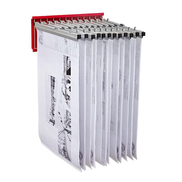 AdirOffice Metal 23.9 in. W Blueprint Vertical File Cabinet Pivot Wall Rack with (6) 30 in. Hanging Clamps in Red