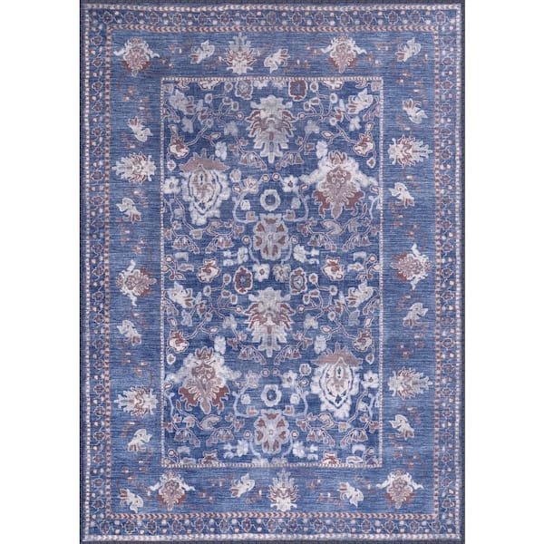 Beverly Rug Blue 8 ft. x 10 ft. Stain Free Floral Washable Indoor Area Rug