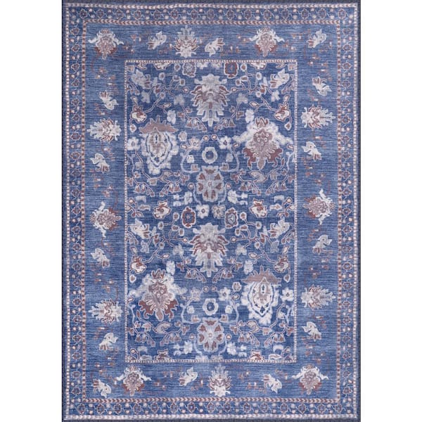 Blue 8 ft. x 10 ft. Stain Free Floral Washable Indoor Area Rug