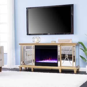 Toppington 58 In. Freestanding Textured Silver Electric Fireplace TV Stand In Mirror And Gold