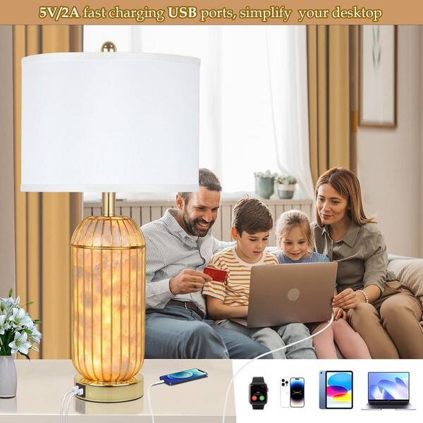 Nordic Hygge 26 in. Gold Table Lamps with Capiz Shell and USB