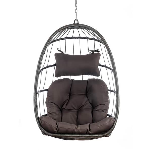 Unbranded 1-Person Wicker Porch Swing with Dark Gray Cushions FoldableHammock Chair Hanging Chair