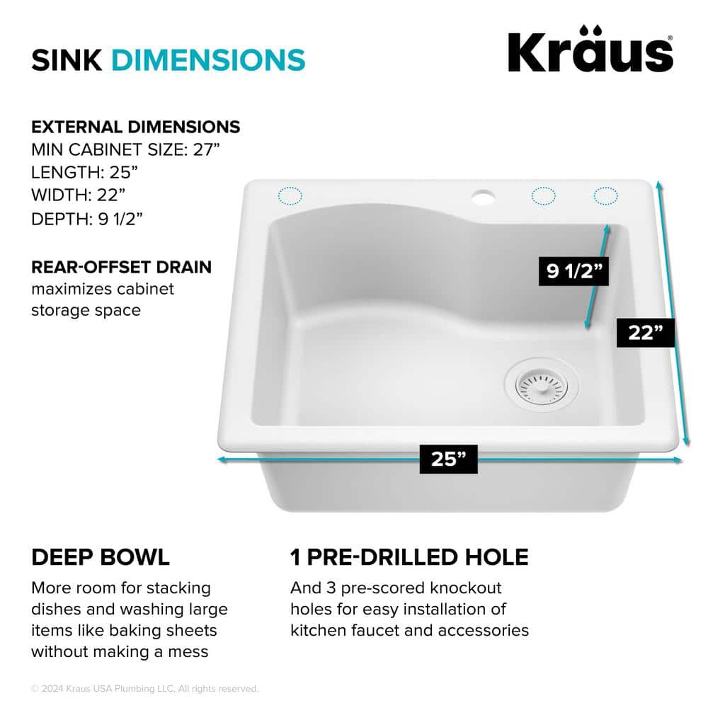 25" White Granite Single Bowl Drop-In Kitchen Sink