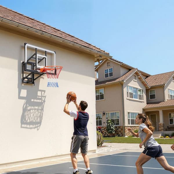 Wall Mount Basketball Hoop, 54-in. PC Backboard Mounted Basketball Hoop Outdoor with Hand-Crank Adjustment