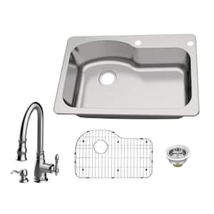 All-in-One Dual Mount 18-Gauge Stainless Steel 33 in. 2-Hole Euro Single Bowl Kitchen Sink with Pull-Out Kitchen Faucet