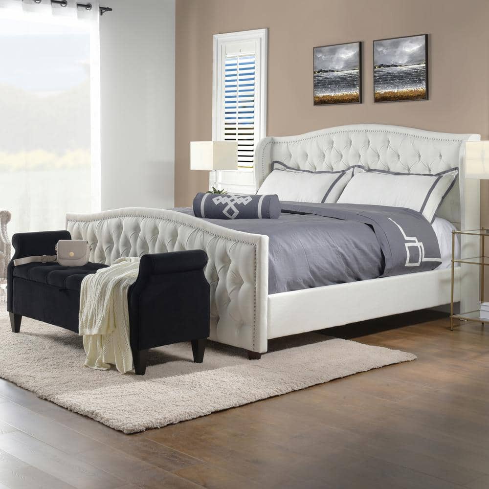 Antique White King Upholstered Bed with Tufted Headboard and Nailhead Trim