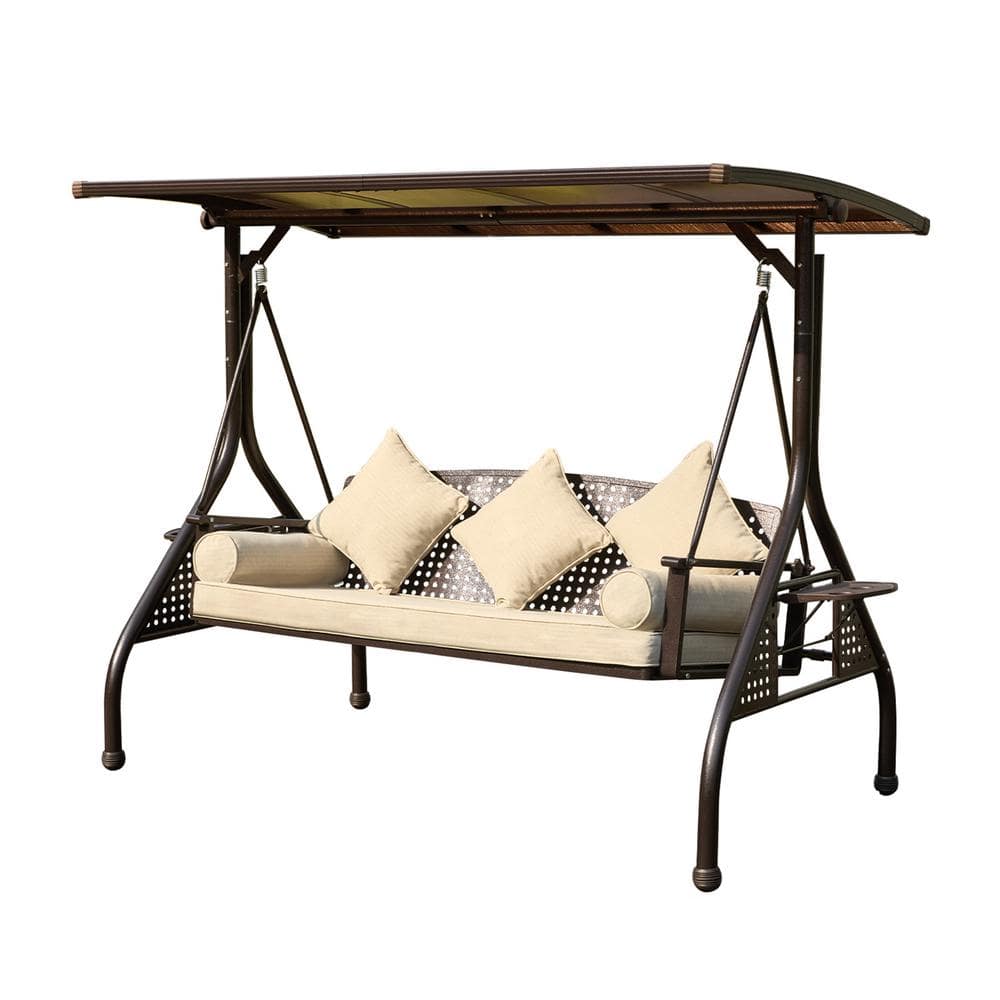 Dark Brown Metal Outdoor Porch Swing with Beige Cushions, Pillows, Cup Hold