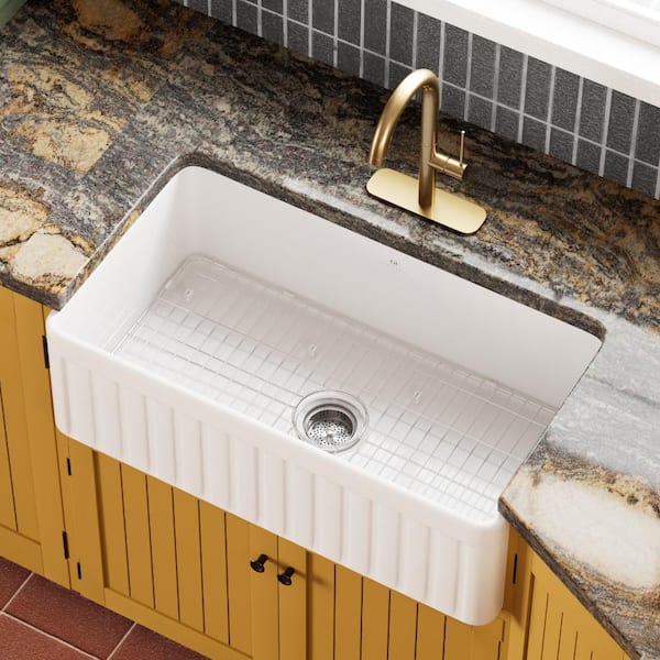 Los Flexi 33 in. Apron Sink, White Reversible Fireclay Farmhouse Sink, Single Bowl Farm Sink With Drain Strainer And Bottom Grid