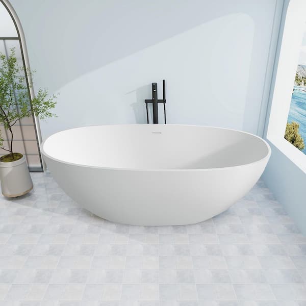 61 in. x 30 in. Solid Surface Soaking Bathtub with Center Drain in Matte White