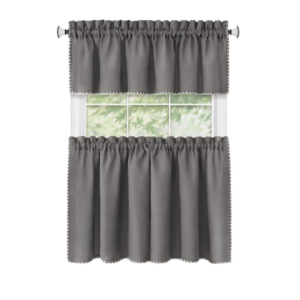 Gray Polyester Light-Filtering Rod Pocket Kitchen Curtain Set